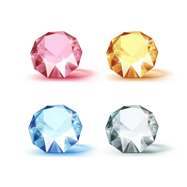 白で隔離される色のブルーピンクイエローとホワイトの光沢のあるクリアダイヤモンドのセット