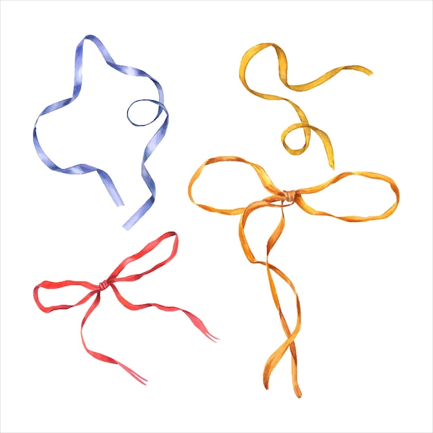 Set of colored bows with long ribbons Blue yellow red ribbons Watercolor illustration