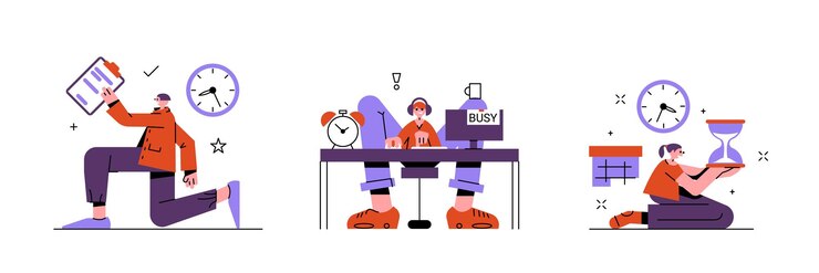 Vector set of colored cartoon characters managing their time successfully