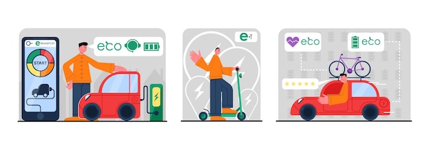 Set of colored cartoon characters of young people using eco transport