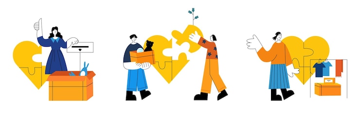 Vector set of colored cartoon characters of young people volunteering together