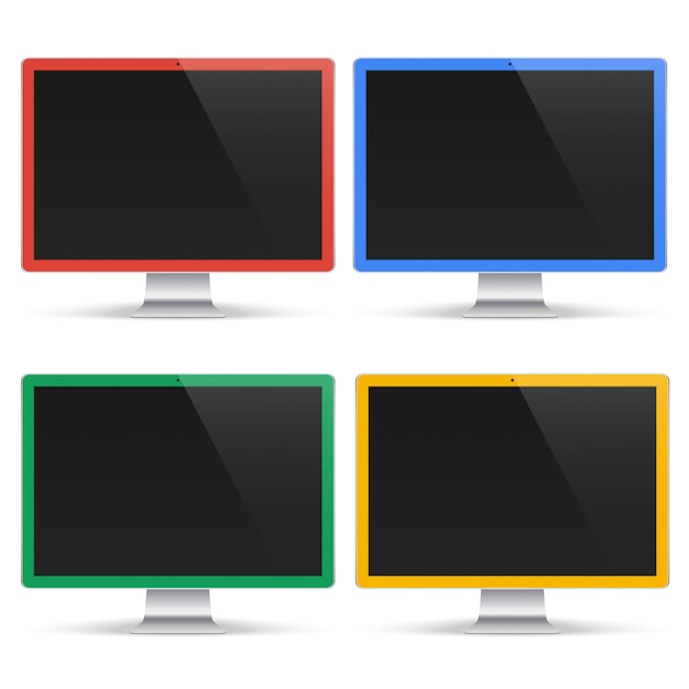 Vector set of colored computers with black screen isolated on white background. realistic monitor mockup