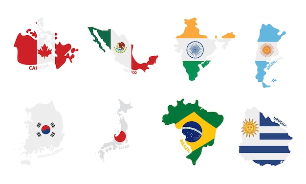 Set of colored country maps with its flags Vector illustration