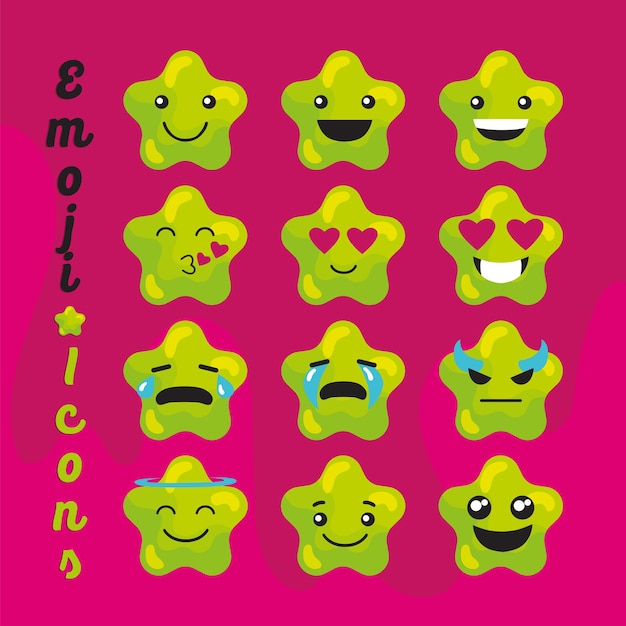 Set of colored cute star shape emoji Vector illustration