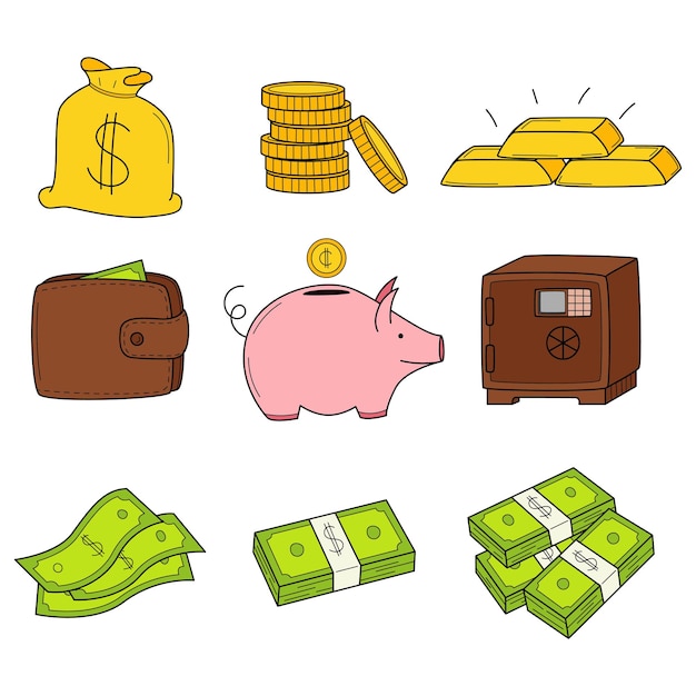 A set of colored doodle icons with money coins bills bundles of banknotes a piggy bank cash a wallet Business bank money symbols Handdrawn colorful vector illustration Isolated on white