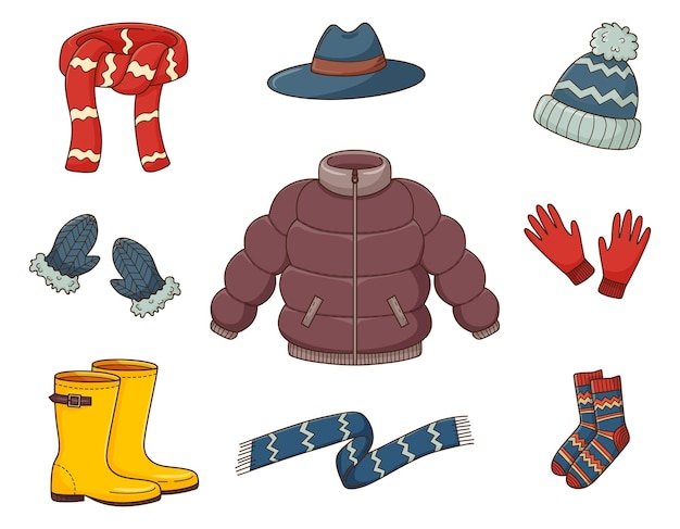 A set of colored doodles. outerwear. warm autumn clothes. decorative elements with a stroke and fill