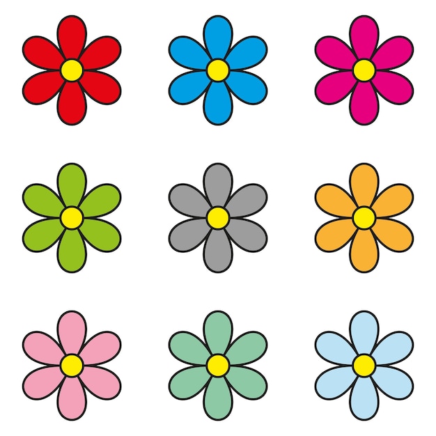 Set of colored flowers on white background