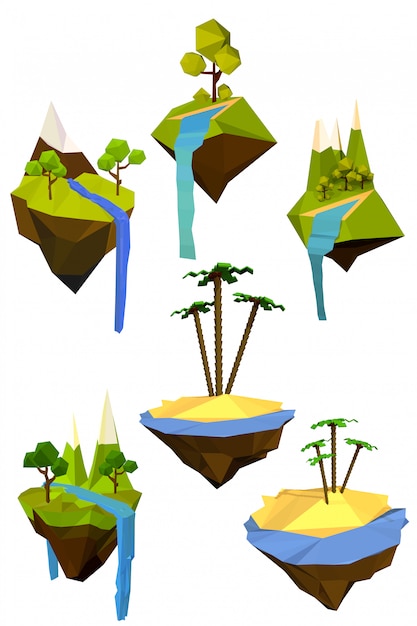 Set di colorate isole volanti con alberi, montagne e cascate.