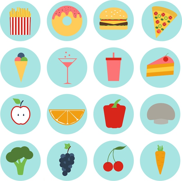 Set colored of food icons in flat design eat healthy and unhealthy vegetables fruit fast food vector