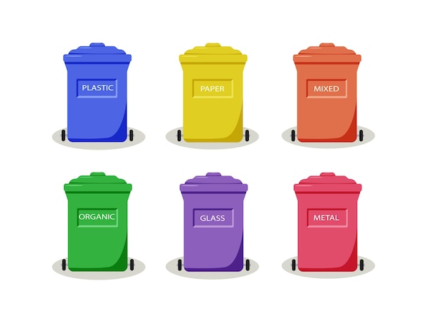 Vector a set of colored garbage cans a container for sorting waste zero waste recycling vector illustration