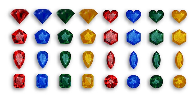 Vector set of colored gemstone. rubies, sapphires and emeralds.