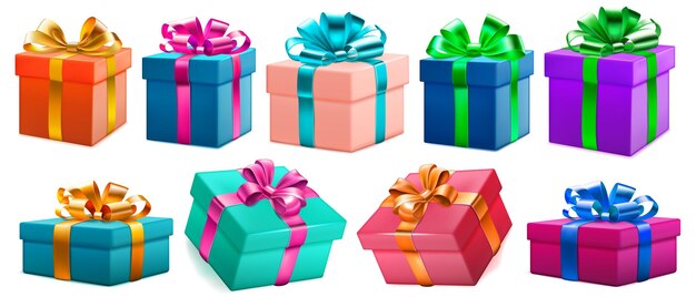 Set of colored gift boxes with ribbons and bows with soft shadows isolated on white background