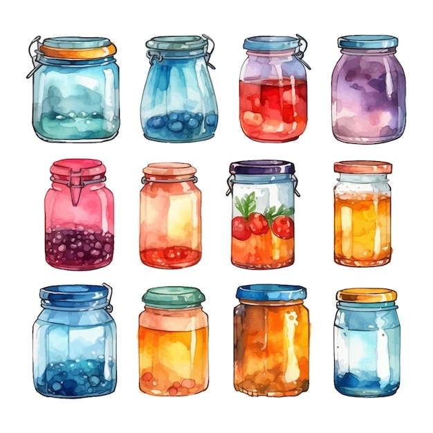 Set of colored glass jam jars watercolor style