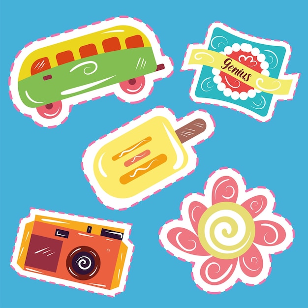 Set of colored groovy sketch sticker icons Vector illustration