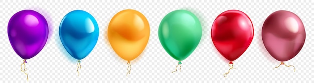 Set of colored helium balloons with glares and shadows on a transparent background