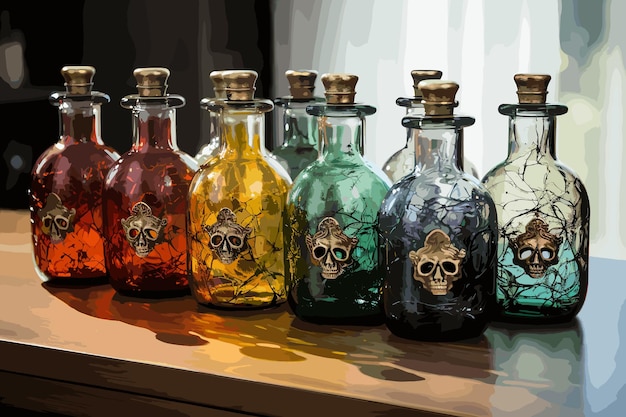 A set of colored homemade tinctureliquorpoured into different glasses and bottles