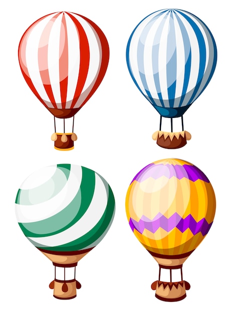 Set of colored hot air balloons. four balloons with diffirent pattern.  illustration  on white background. website page and mobile app