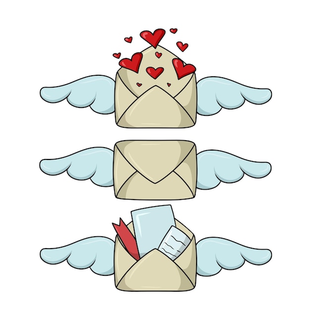 A set of colored icons a beautiful romantic vintage envelope with wings and hearts vector