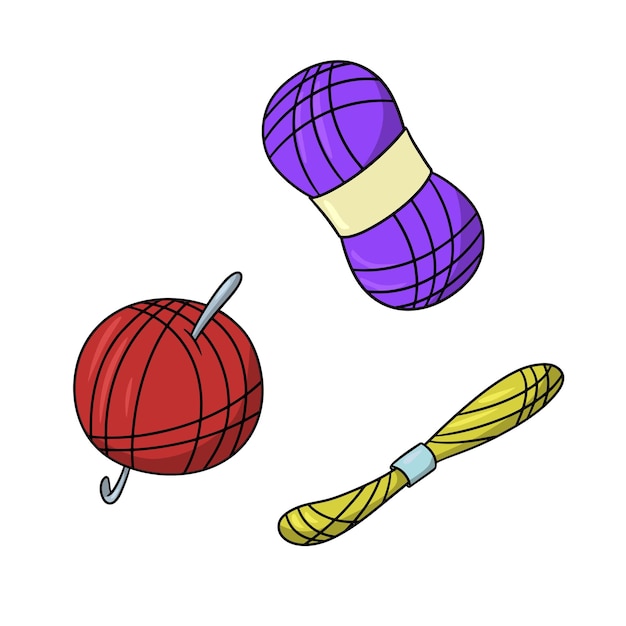 A set of colored icons a bright red ball of knitting thread with a metal hook lilac yarn  cartoon