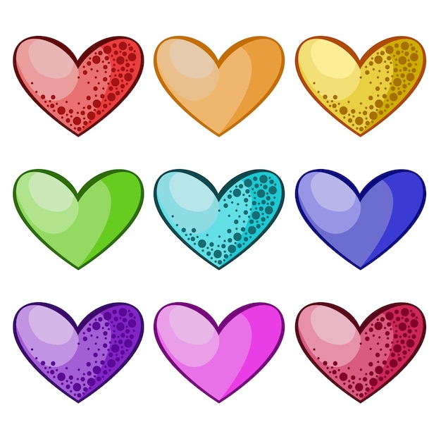 Set of colored icons colorful decorative hearts for romantic greetings vector cartoon