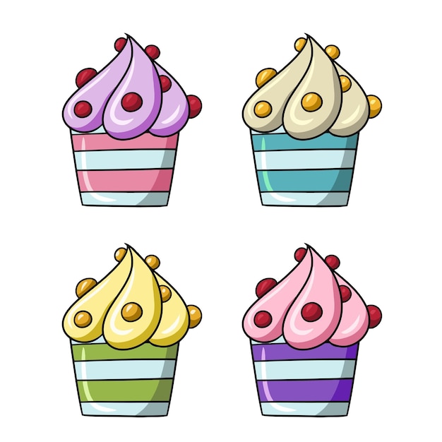 Vettore un set di icone colorate delizioso cupcake con crema dolce delicata e frutti di bosco vettore cartone animato