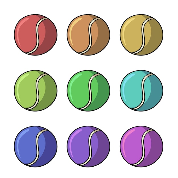 Набор цветных иконок теннисный мяч круглый резиновый мяч для игры в векторный мультфильм