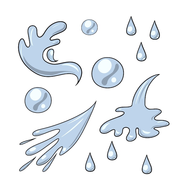 Vector a set of colored icons various splashes waves and water drops in cartoon style vector