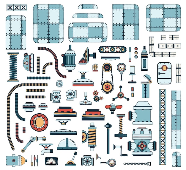 Set of colored industrial spare parts