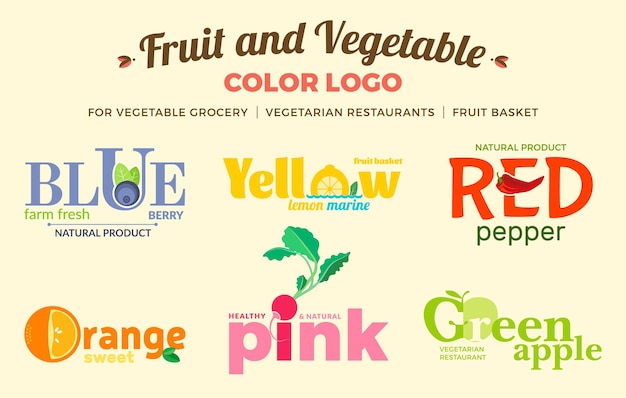 Set di loghi colorati sul tema della frutta, verdura e bacche per negozi di ortaggi