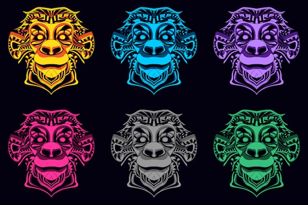 Vector set of colored monkey head