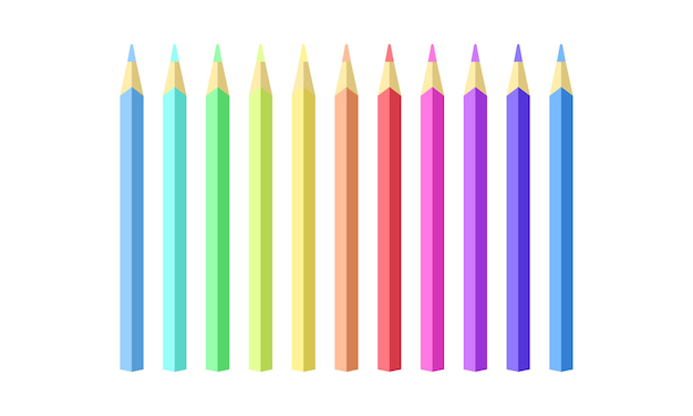 A set of colored pencils in a row