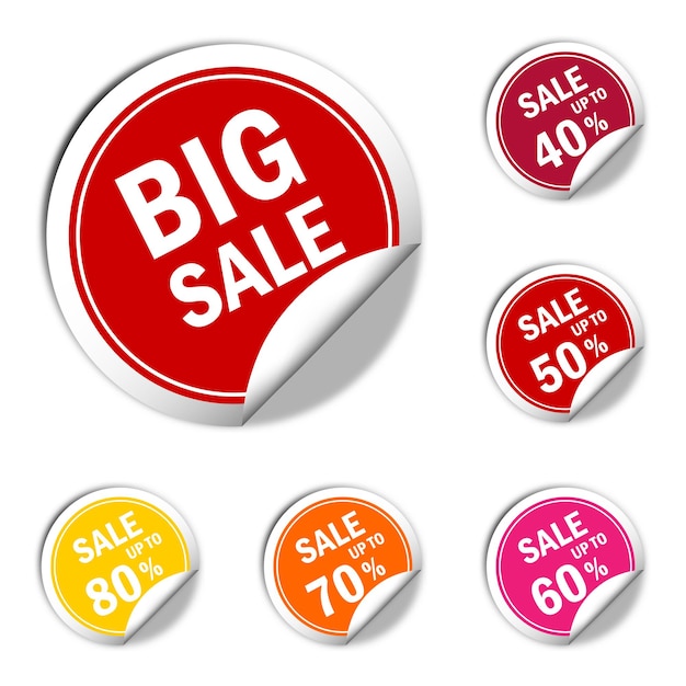 Set of colored round big sale stickers with discount percentages