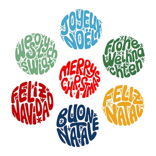 Set of colored round christmas groovy lettering hand drawn slogan merry christmas