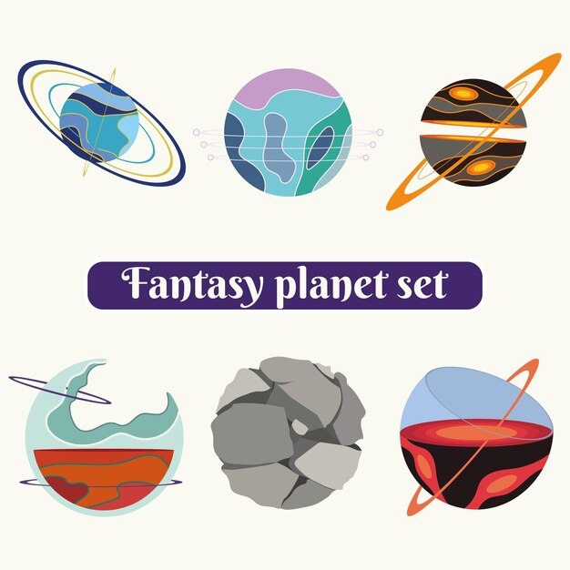 Set di icone del pianeta fantasy fantascientifico colorato vettore