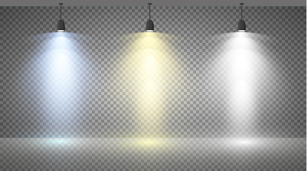 Vector set of colored searchlights on a transparent background bright lighting with spotlights the searchlight is white blue