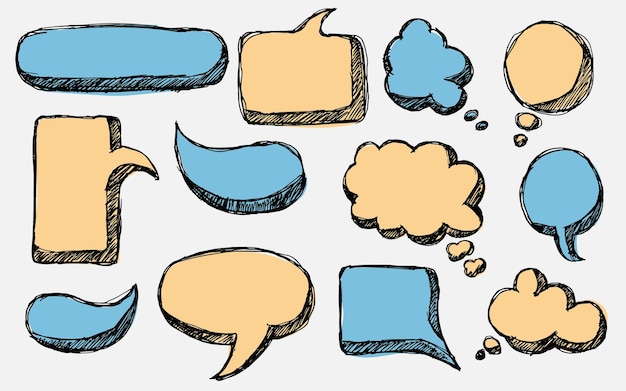 Vector set of colored sketchy hand drawn thought and speech bubbles, empty speech bubble hand drawn doodle