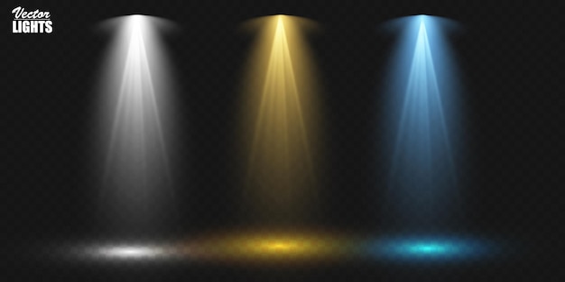 Vector set of colored spotlights on a transparent background bright lighting with spotlights spotlight white blue yellow