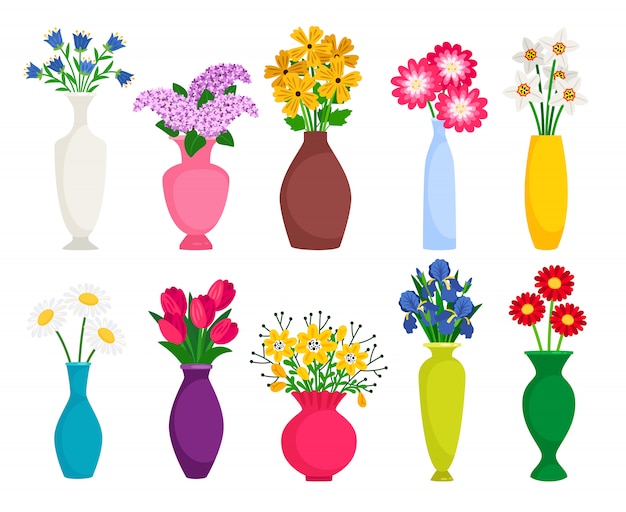 Set of colored vases with blooming flowers for decoration and interior