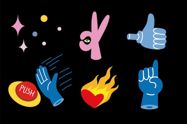 마음을 불타는 만화 플랫 디자인 손 제스처에 컬러 벡터 illustartions 세트 손으로 그린 벡터 일러스트 레이 션 유행 현대 디자인 스티커 스타일