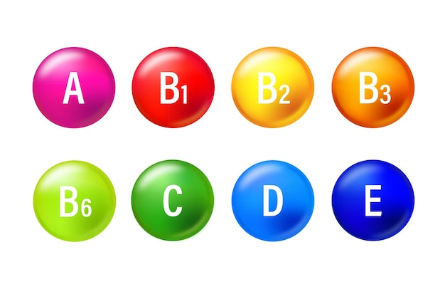 青に分離された着色されたビタミン ビタミン A B1 B2 B3 B4 CDE マルチ ビタミン カプセルのセット