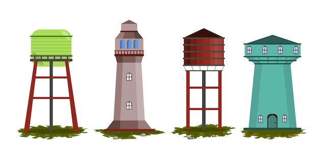 set of colored water towers in cartoon style vector illustration of tall water towers of different shapes with windows doors grass with stones on white background water tower for water storage