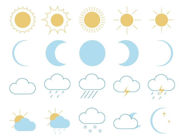 Vettore set di simboli meteorologici e meteorologici colorati in stile piatto