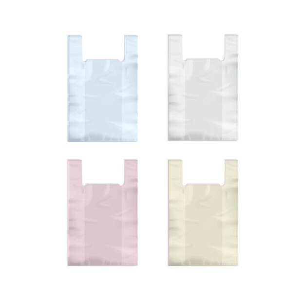 Vettore insieme dei sacchetti della spesa di plastica eliminabili vuoti blu gialli bianchi rosa colorati