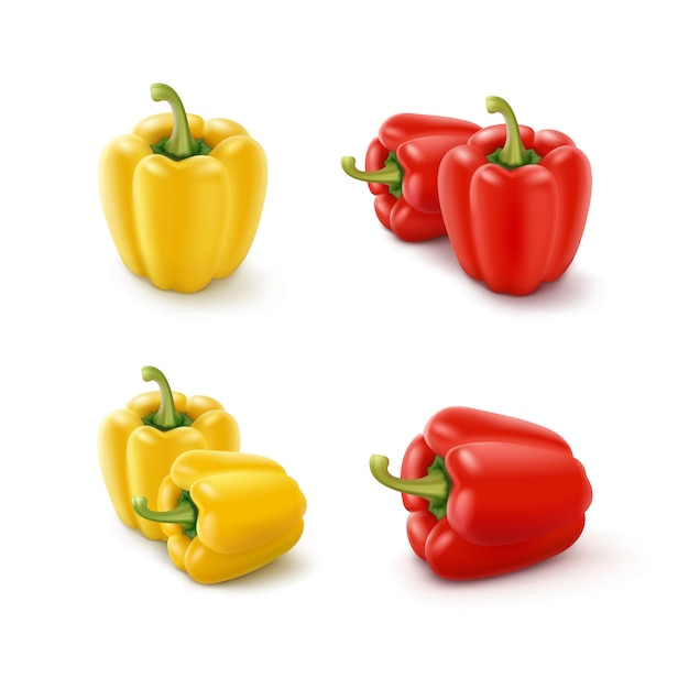 Set of colored yellow and red sweet bulgarian bell peppers, paprika isolated on white background