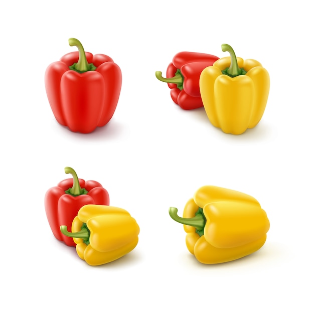  Set of Colored Yellow and Red Sweet Bulgarian Bell Peppers, Paprika Isolated on White Background