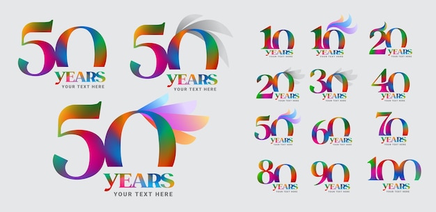 Vector set of colorful 10 to 100th anniversary logotype design