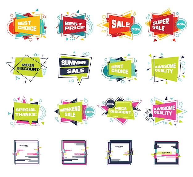 Set of colorful abstract chat label. Vector discount, advertising and promotion banners in flat style