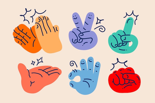 Set di coloratissimi gesti delle mani astratti disegnati a mano doodle icone isolate su sfondo chiaro