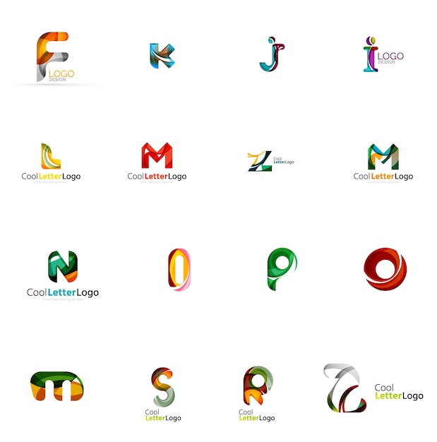 겹치는 흐르는 모양으로 만든 다채로운 추상 문자 회사 로고 세트 흰색으로 격리된 모든 아이디어에 대한 범용 비즈니스 아이콘