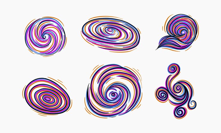 Set of colorful abstract swirl designs of different shapes and forms hand drawn illustration